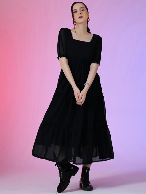 women solid puff sleeve tiered dress - 22051840 - Very Small Image - 1