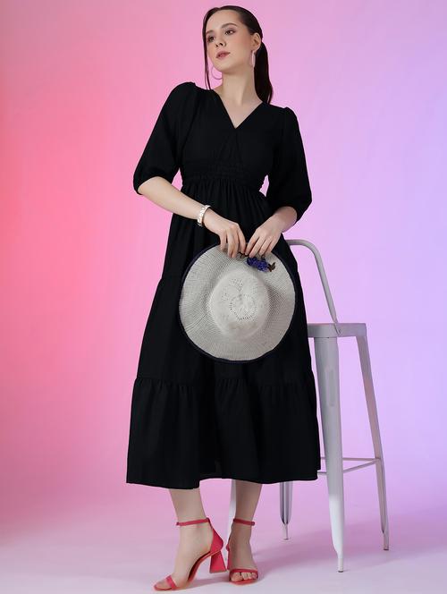 women solid puff sleeve tiered dress - 22051851 - Very Small Image - 1