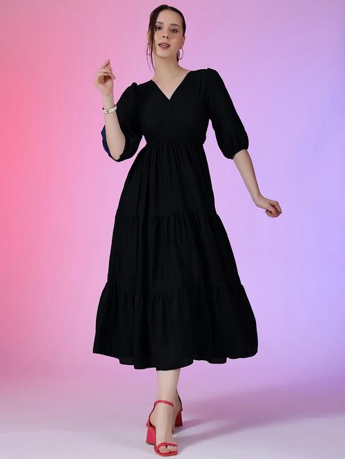 women solid puff sleeve tiered dress - 22051857 - Very Small Image - 1