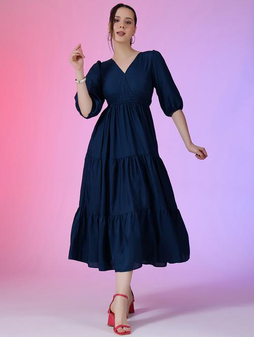Women Solid Puff Sleeve Tiered Dress - 22051860 - Very Small Image - 1