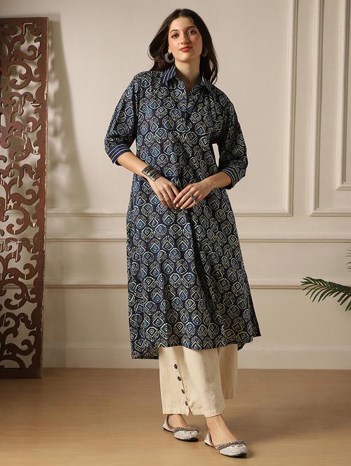 globus women indigo collared neck ethnic floral print  a-line fusion shirt style kurta - 22052914 - Very Small Image - 1