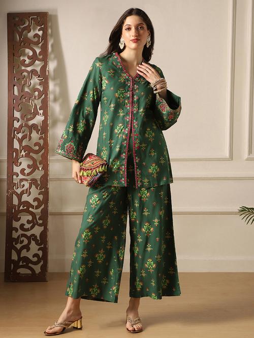 globus women green embroidery detail mirror work ethnic motifs bell sleeves front slit top with pants fusion co-ord set - 22053006 - Very Small Image - 1
