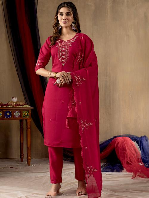 women embroidered three quarter sleeve kurta pant with dupatta set - 22053747 - Very Small Image - 1