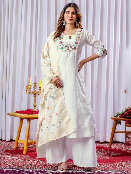 women embroidered three quarter sleeve kurta palazzo with dupatta set - 22053784 - Very Small Image - 1