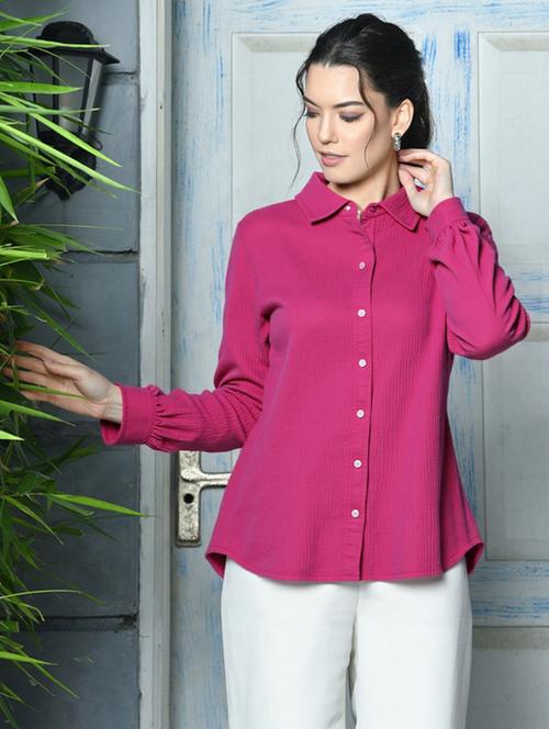 women solid collared long sleeve relaxed fit shirt - 22055140 - Very Small Image - 1
