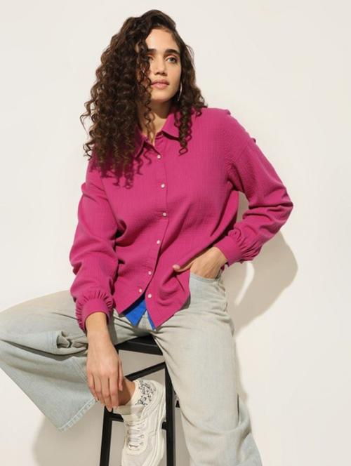 women solid collared long sleeve relaxed fit shirt - 22055154 - Very Small Image - 1