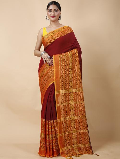maroon khadi handloom saree - 22055460 - Very Small Image - 1