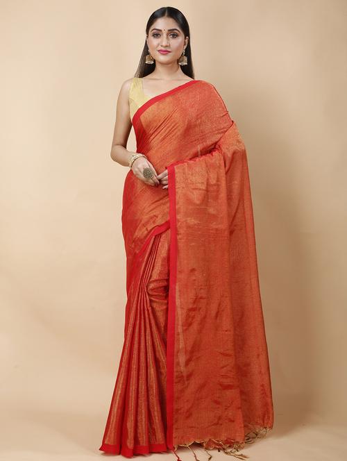 orange linen handloom saree - 22055547 - Very Small Image - 1