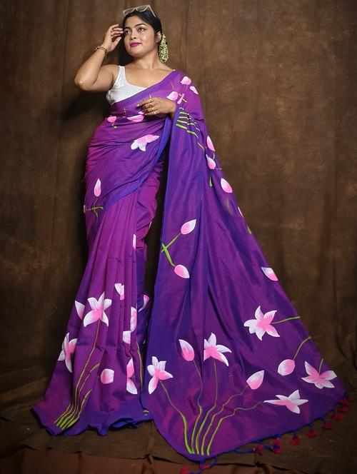 purple cotton blend handloom saree - 22055589 - Very Small Image - 1