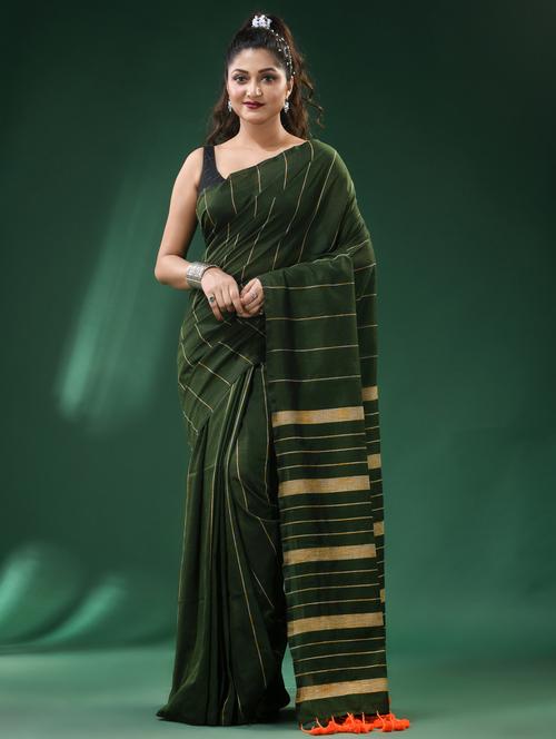 green cotton handloom saree - 22056280 - Very Small Image - 1