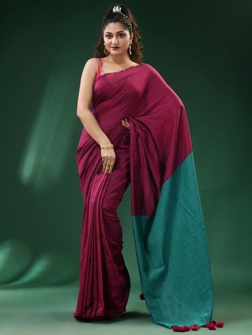 maroon cotton blend bordered saree - 22056289 - Very Small Image - 1
