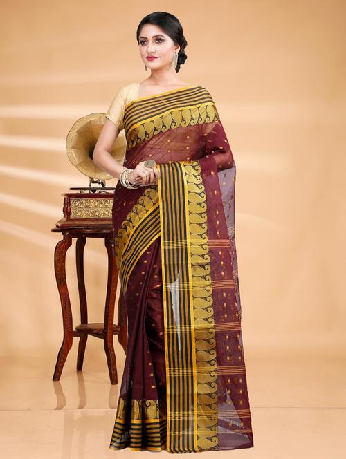 maroon cotton handloom saree - 22056303 - Very Small Image - 1