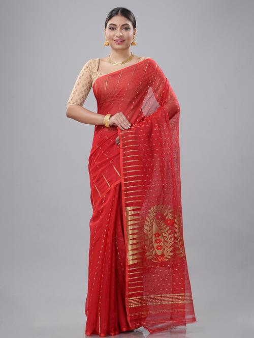 red cotton silk jamdani saree - 22056446 - Very Small Image - 1