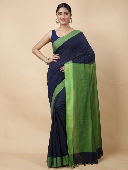 navy blue cotton handloom saree - 22056644 - Very Small Image - 1