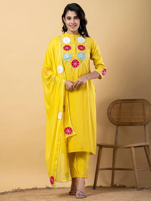 Women Three Quarter Sleeve Kurta Pant With Dupatta Set - 22058283 - Very Small Image - 1