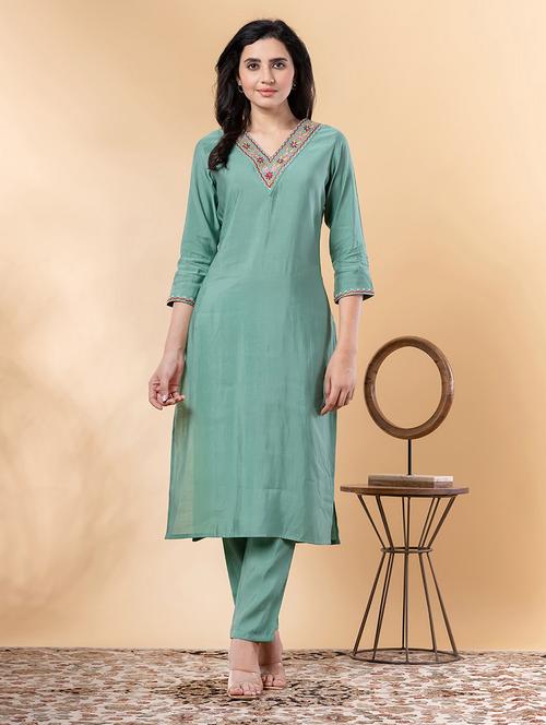 green silk kurta palazzo  set - 22058288 - Very Small Image - 1