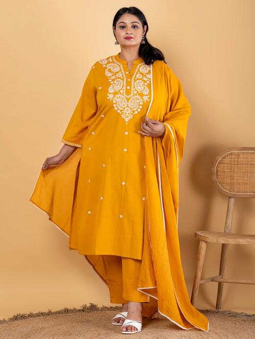 mustard cotton blend suit  set - 22058472 - Very Small Image - 1