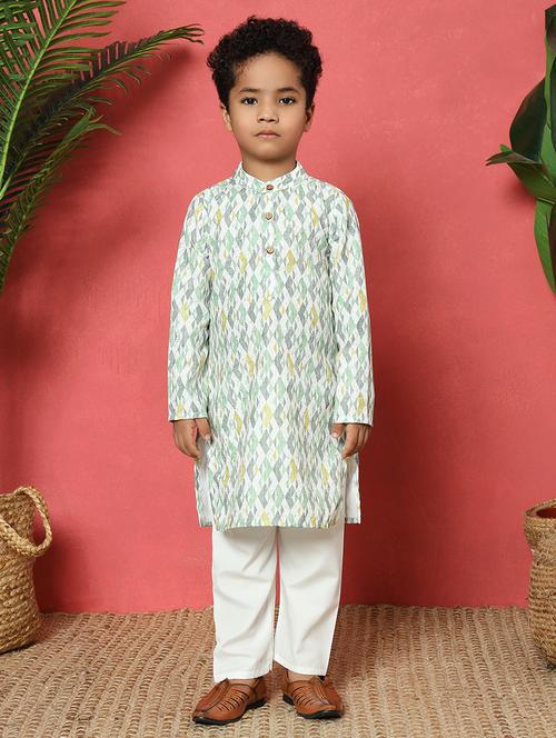 Boys Printed Mandarin Collar Kurta Pyjama Set - 22058605 - Very Small Image - 1