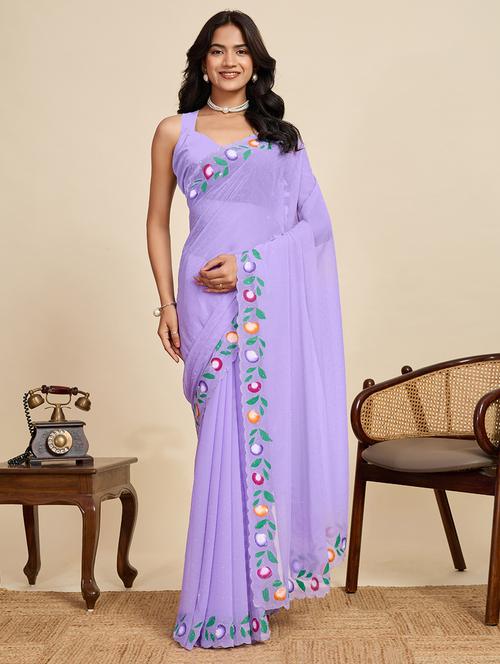 women solid with work embellished saree with blouse - 22058811 - Very Small Image - 1