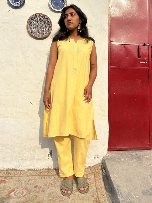 women solid with work sleeveless kurta pant set - 22059041 - Very Small Image - 1