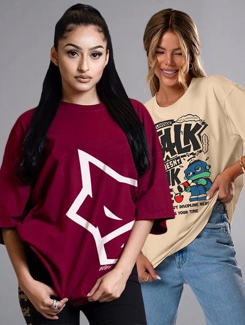 women pack of 2 printed short sleeve oversized t-shirt - 22059597 - Very Small Image - 1