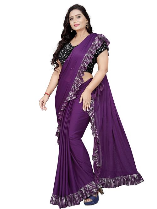 women solid with bordered ruffle saree with blouse - 22060437 - Very Small Image - 1