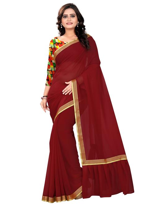 women solid with bordered ruffle saree with blouse - 22060474 - Very Small Image - 1