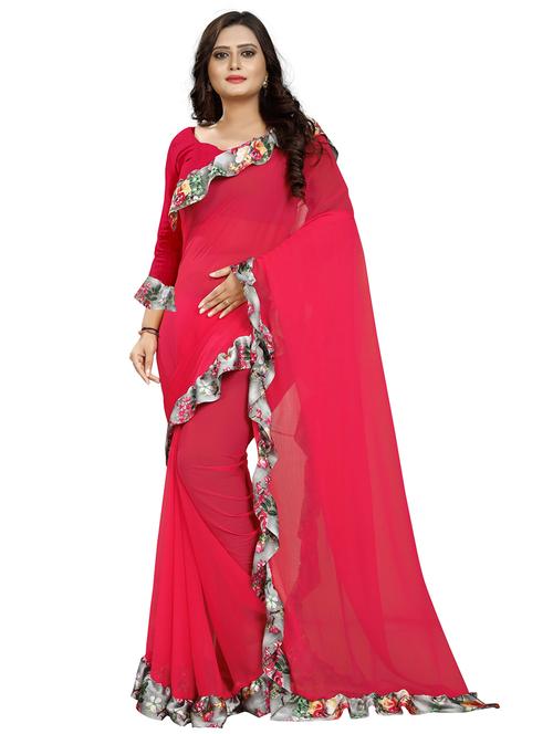 women solid with ruffle bordered saree with blouse - 22060483 - Very Small Image - 1