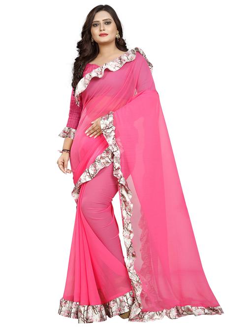 women solid with ruffle bordered saree with blouse - 22060493 - Very Small Image - 1