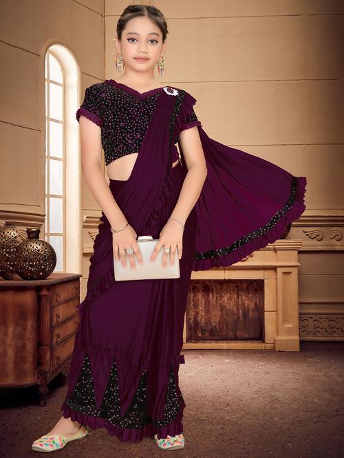 girls embellished ready to wear ruffle saree - 22060591 - Very Small Image - 1