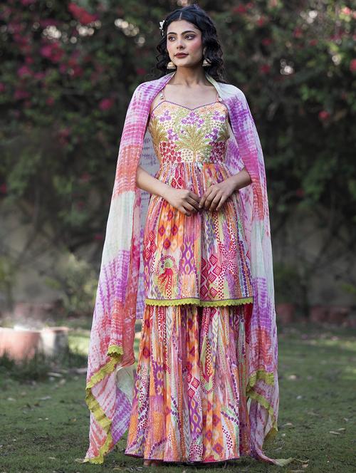 women printed shoulder strap kurta sharara with dupatta set - 22061457 - Very Small Image - 1