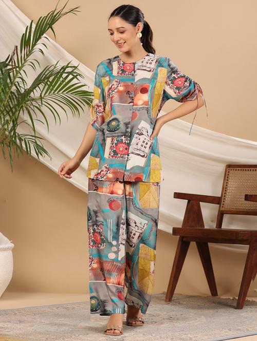 women printed short sleeve ethnic co-ord set - 22061507 - Very Small Image - 1