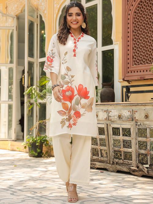 women floral printed three quarter sleeve kurta pant set - 22061537 - Very Small Image - 1