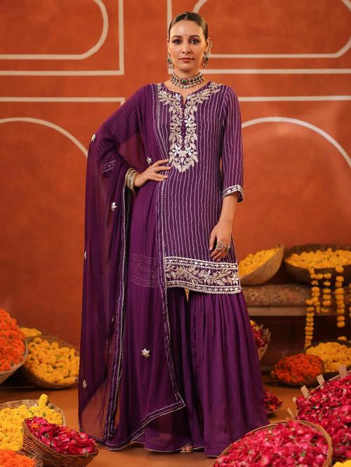 women three quarter sleeve kurta sharara with dupatta set - 22062051 - Very Small Image - 1