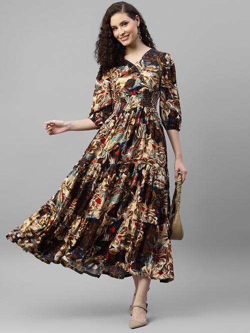 women printed puff sleeve tiered maxi dress - 22063014 - Very Small Image - 1