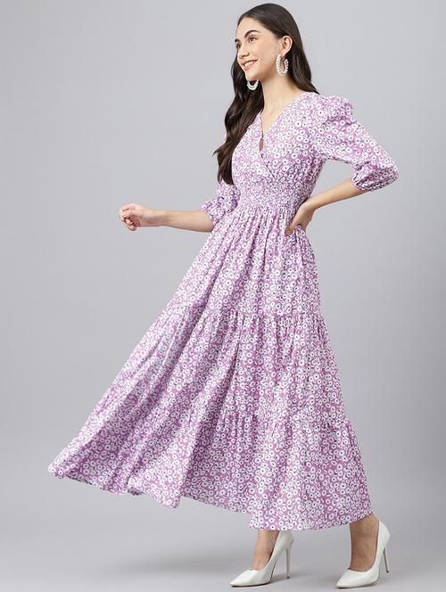 women printed puff sleeve tiered maxi dress - 22063015 - Very Small Image - 1