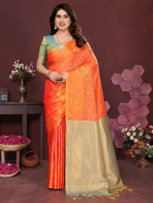 orange silk banarasi saree with blouse - 22063837 - Very Small Image - 1