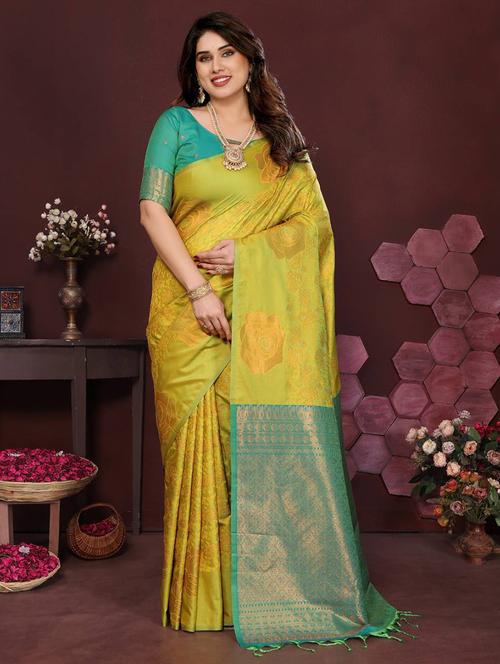 yellow silk banarasi saree with blouse - 22063838 - Very Small Image - 1