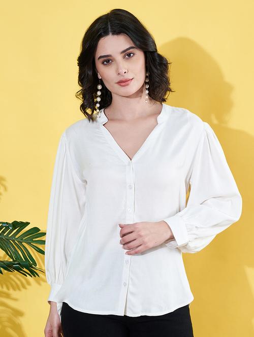 women white solid mandarin neck long sleeve shirt - 22064135 - Very Small Image - 1