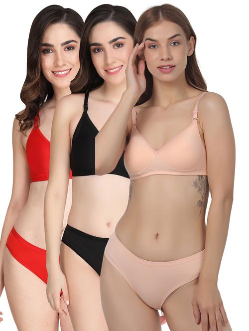 women pack of 3 solid bra and panty set - 22065107 - Very Small Image - 1