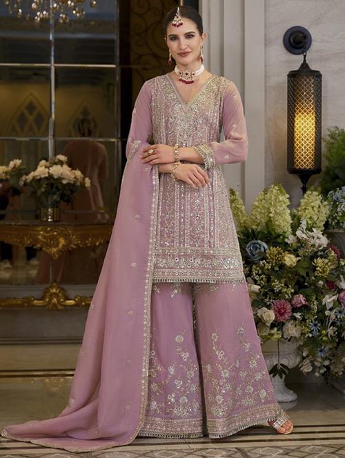 women embroidered long sleeve kurta sharara with dupatta set - 22065880 - Very Small Image - 1