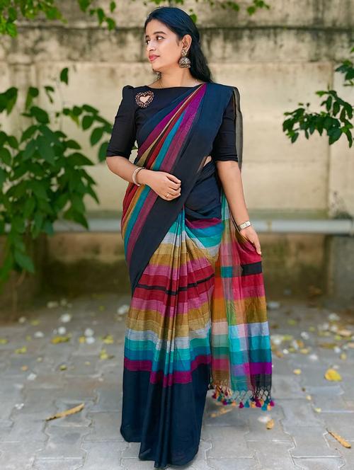 women striped printed saree with blouse - 22066300 - Very Small Image - 1
