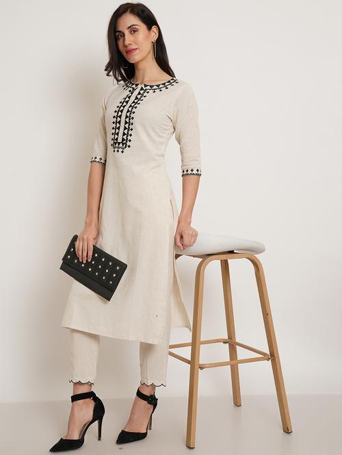 women solid with work three quarter sleeve kurta pant set - 22068455 - Very Small Image - 1