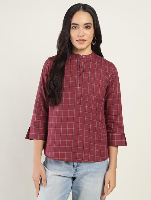 women checkered three quarter sleeve regular fit top - 22069453 - Very Small Image - 1