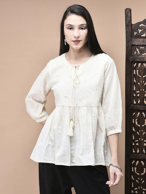 women embroidered tie-up neck flared tunic - 22070690 - Very Small Image - 1