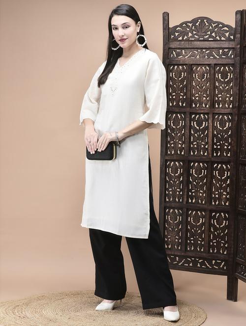 women solid with work three quarter sleeve straight kurta - 22070839 - Very Small Image - 1