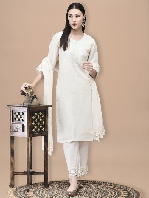 women solid with work three quarter sleeve kurta pant with dupatta set - 22070846 - Very Small Image - 1
