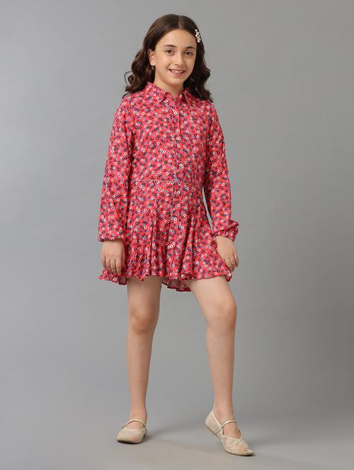 girls printed long sleeve collared fit & flare dress - 22071144 - Very Small Image - 1