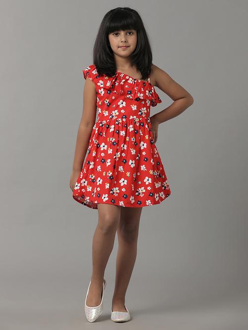 girls printed single shoulder fit & flare dress - 22071154 - Very Small Image - 1