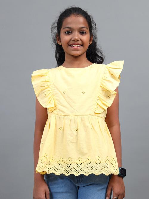 girls solid round neck schiffli top - 22071465 - Very Small Image - 1